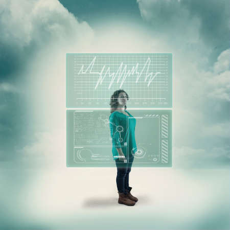 Thoughtful girl and touch screens with different social network database