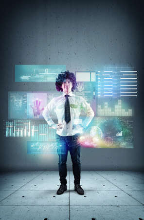The young businessman works with multi touch screens, modern technology conceptの写真素材