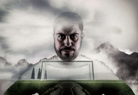 Double exposure of a determined soccer player getting ready to take a shot with ball in his hands...