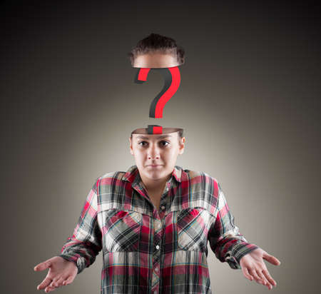 Confused girl with a question mark inside of her head.