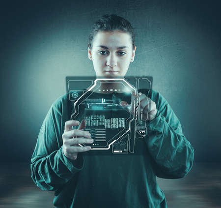 Woman access her account on digital tablet.の写真素材