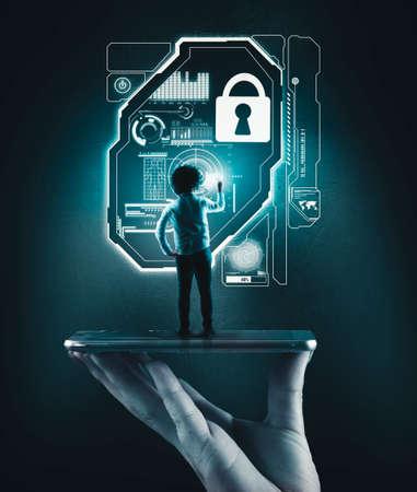 Hologram of a man using digital screen on smartphone.の写真素材