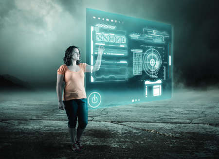 Young woman using digital screen outdoor.
