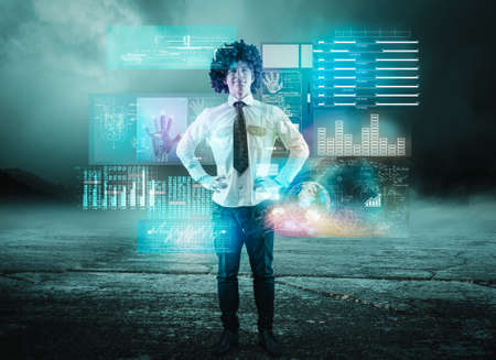 Businessman using digital screens outdoor.の写真素材