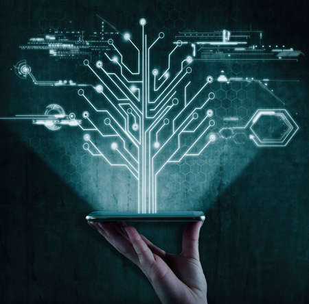 Hologram of a circuit board tree, network concept.の写真素材