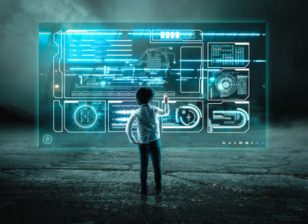 Businessman using digital screen hologram outside