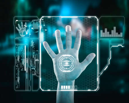 Hand on a touchscreen hologram. Fingerprint verification