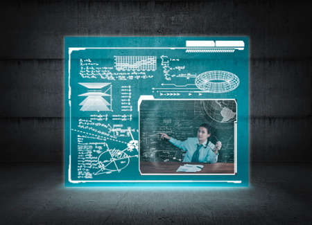 Digital screen with mathematical formulas and teacher exaplain the problem. The concept of online course.の写真素材