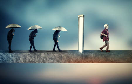 Group of sad people going through a portal , coming out happy and positive. The concept of mindset...