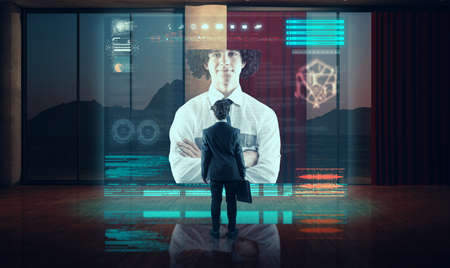 Business man having a video call with his partner on a hologram in living room. Live conversation...