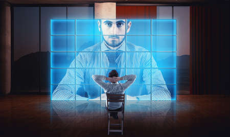 Business man having a video call with his partner on a hologram in living room. Live conversation...