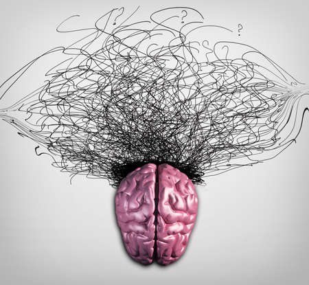 Brain against a chaotic arrows drawn on wall.