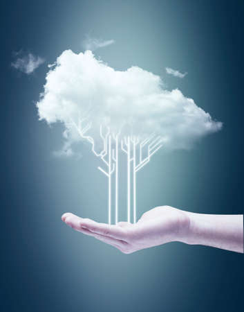 Hand holding a circuit board tree and a cloud .