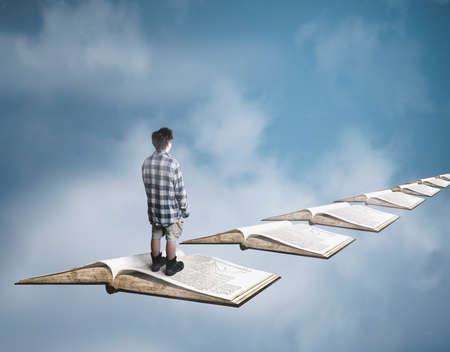 Man walking on a path made of books. The concept of scholarship.