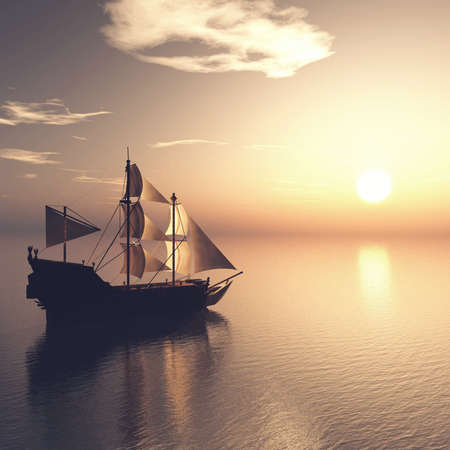 Sailing old ship in the ocean at sunset.の写真素材