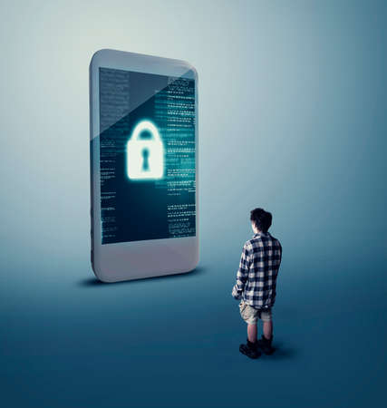Cyber security concept, with lock icon and virtual screens on smartphone.