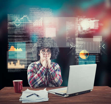 Woman working on laptop at home and digital screen with a infographic data.