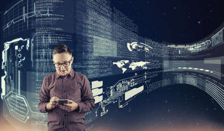 Young man using smartphone . Futuristic user interface data and information.