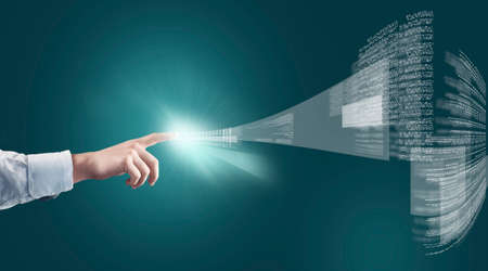 Hand touching futuristic data . Digital media transfer. Access click to information