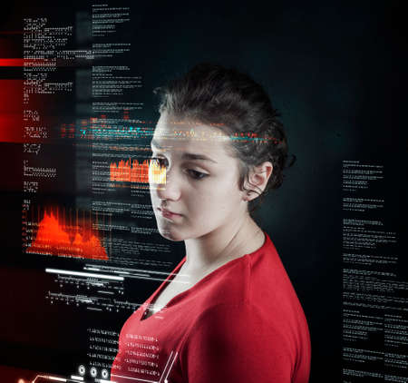 Woman analyze futuristic user interface . High tech screens data and information .