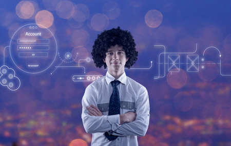 Programmer in front of futuristic user interface . High tech screens data and information .