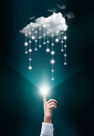 Hand touch holograma concept . Digital media access . Futuristic data transfer.の写真素材