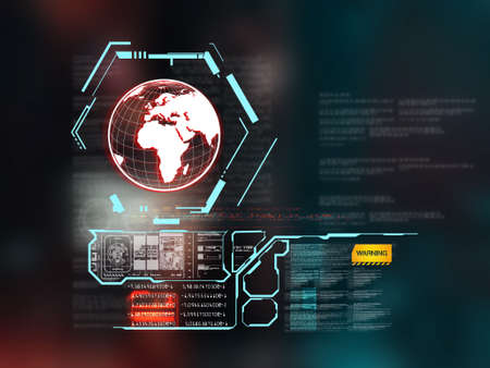 Futuristic screen with information  and earth globe . Statistics about effects of virus on the world...
