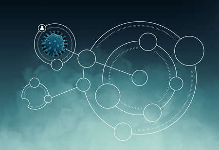 Microscopic view of a infectious virus. Network virus spread.  3D illustration of Coronavirus cells