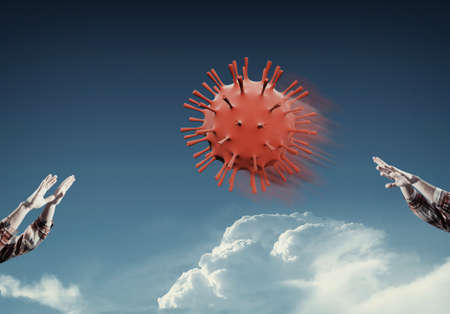 Passing virus cell to each other . Spreading the virus concept . Social distancing  . This is a 3d render illustration .の写真素材