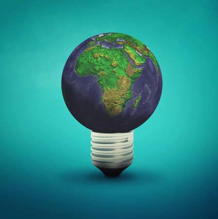 Light bulb with planet earth isolated on blue background. This is a 3d render illustration . 