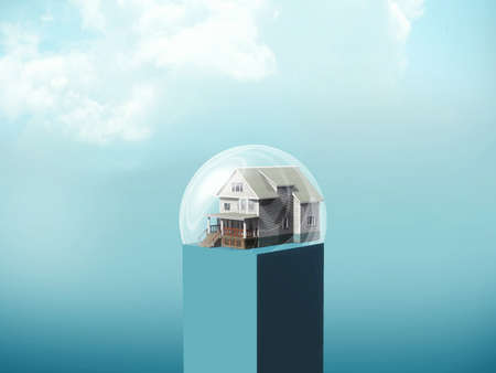 House inside a 3d sphere shield . Self isolation at home . Corona virus outbreak pandemy . This is a...