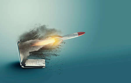 Startup concept with rocket flying out of laptop. Start online business . This is a 3d render illustration.の写真素材