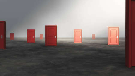 Multiple doors in the field  .  Difficult decision concept . This is a 3d render illustration .の写真素材