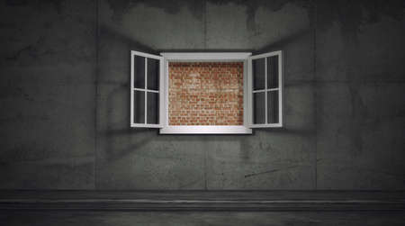 Opened window on a concrete wall to a brick wall . This is a 3d render illustration . の写真素材
