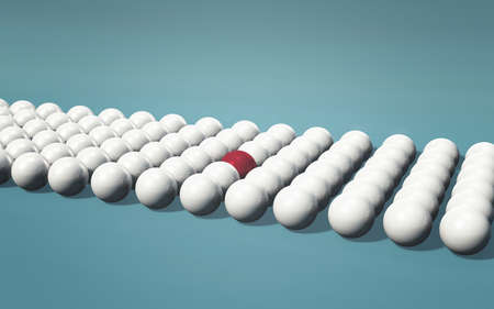 Multiple white spheres in a row with a red one in the middle . Think outside the box concept . Be different . This is a 3d render illustration .の写真素材