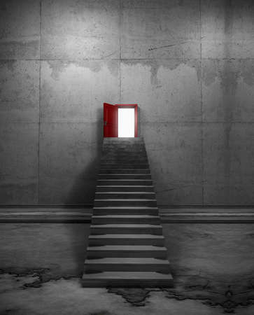 Stairs leading up to a opened door on the concrete wall.  Path to success concept . This is a 3d render illustration .の写真素材