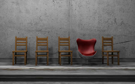 Row of wooden chairs with one odd modern one . Unique concept with an red oustanding chair . This is...