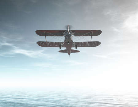 Airplane flying above sea . This is a 3d render illustration .