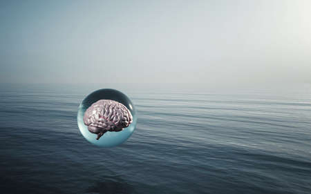 human brain into a bubble above ocean . Healthy mental state . This is a 3d render illustration .の写真素材