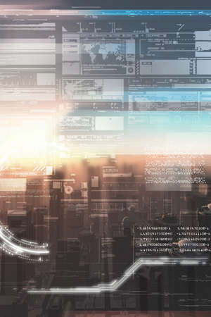 Futuristic panel with information data and city in background . Future innovation concept .