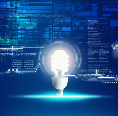 Futuristic user interface with an illuminated lightbulb in the middle . Future innovation concept .の写真素材