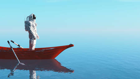 Astronaut in a red boat in the ocean . This is a 3d render illustration .の写真素材