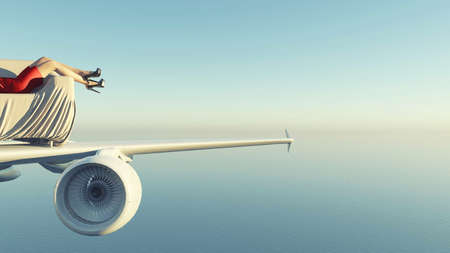 Woman lying on sofa above an airplane wing . Travel accomodation concept . This is a 3d render...
