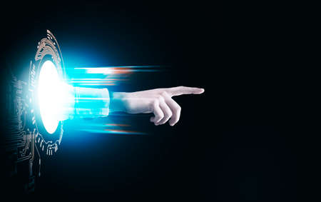 Human hand out of a digital system . Artificial intelligence concept .の写真素材