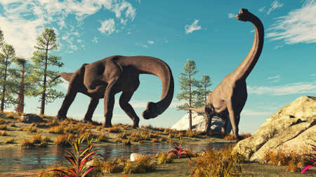 Two brachiosaurus near a stream in the nature . This is a 3d render illustration .の写真素材