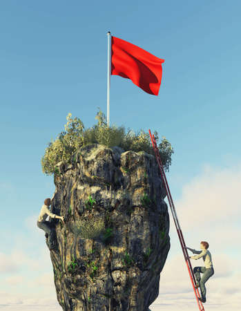 Two man climbing on a rock to a red flag . Work smart not hard concept . This is a 3d render illustration .の写真素材
