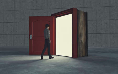 Businessman entering a door in a book . New opportunity concept . This is a 3d render illustration .の写真素材
