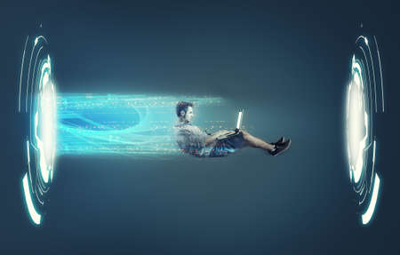 Businessman working on high internet speed on  a futuristic background .
