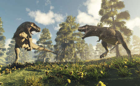 Tyrannosaurus rex fight in the valley . This is a 3d render illustration .