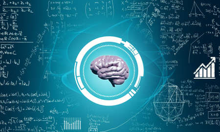 Human brain on blue background with math formulas . Artificial intelligence concept .